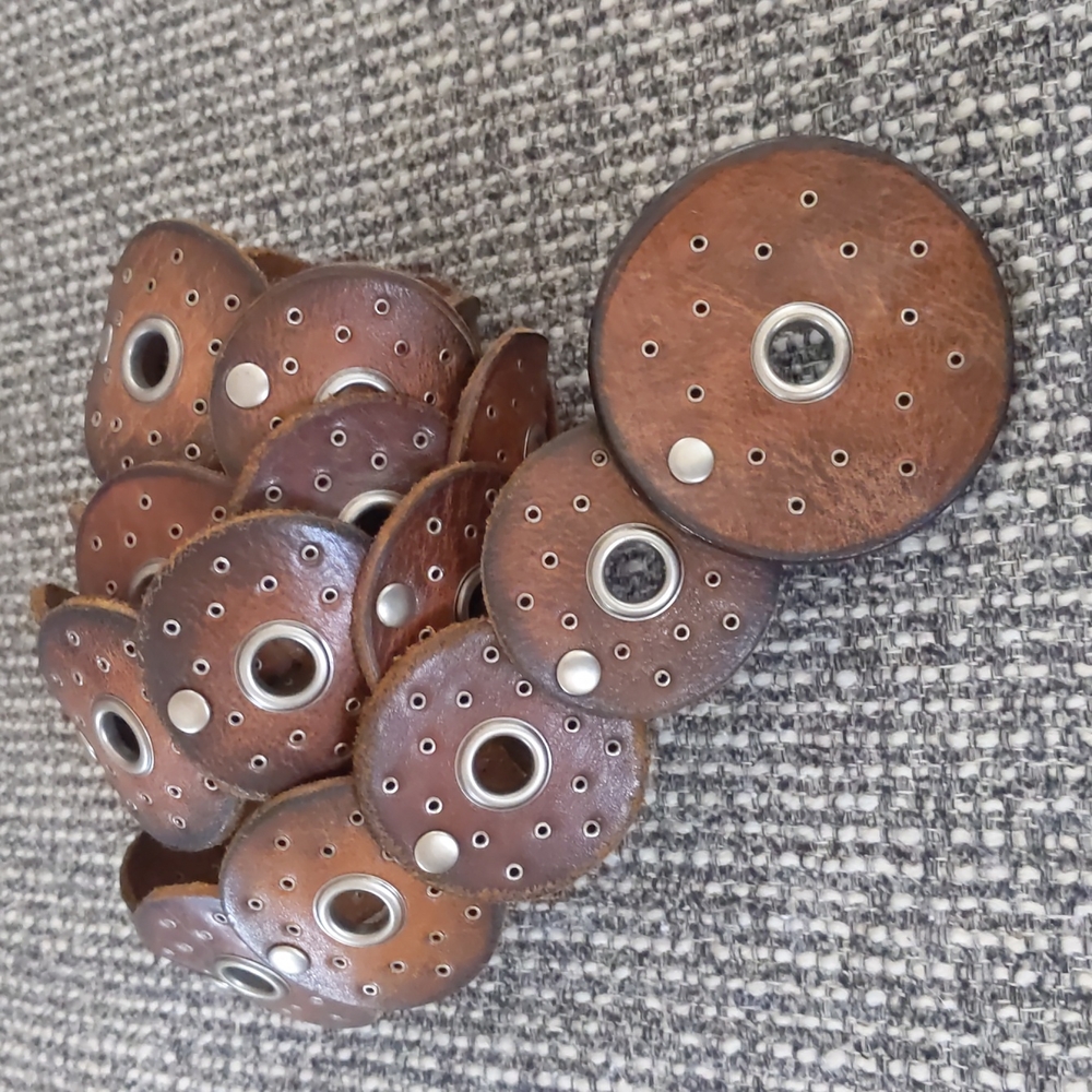 Brown genuine leather disc belt silver tone grommets